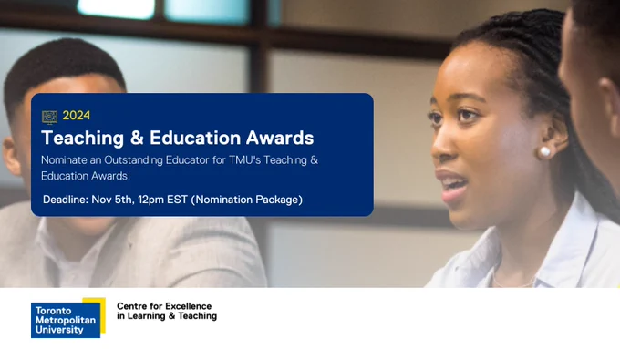 Poster for Teaching and Education Awards with blue box containing text with deadline overtop an image of three people mid conversation. 