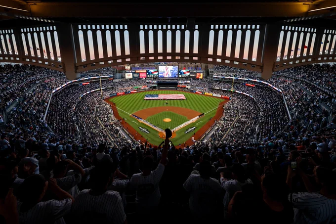View of a packed Yankee Stadium pregame for ALDS Game 1. 