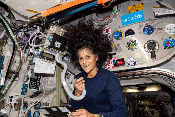 iss071e414058 (08/02/2024) --- NASA astronaut Suni Williams uses a HAM radio and talks to students from Banda Aceh, Indonesia, answering their questions about life in space and other space related subjects aboard the International Space Station.