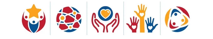 Five stylized icons representing caregiving, community, and support: a figure with outstretched arms and a star, a network of interconnected circles, two hands cradling a heart, three raised hands with hearts, and three abstract figures intertwined in a circle.