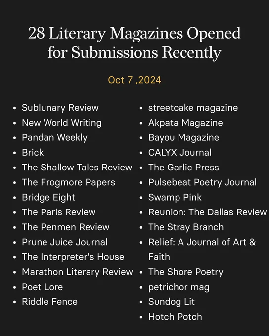 28 Literary Magazines Opened for Submissions Recently
Oct 7,2024
• Sublunary Review
• streetcake magazine
• New World Writing
• Akpata Magazine
• Pandan Weekly
• Bayou Magazine
• Brick
• CALYX Journal
• The Shallow Tales Review • The Garlic Press
• The Frogmore Papers
• Pulsebeat Poetry Journal
• Bridge Eight
• Swamp Pink
• The Paris Review
• Reunion: The Dallas Review
• The Penmen Review
• The Stray Branch
• Prune Juice Journal
• Relief: A Journal of Art &
• The Interpreter's House
Faith
• Marathon Literary Review • The Shore Poetry
• Poet Lore
• petrichor mag
• Riddle Fence
• Sundog Lit
• Hotch Potch