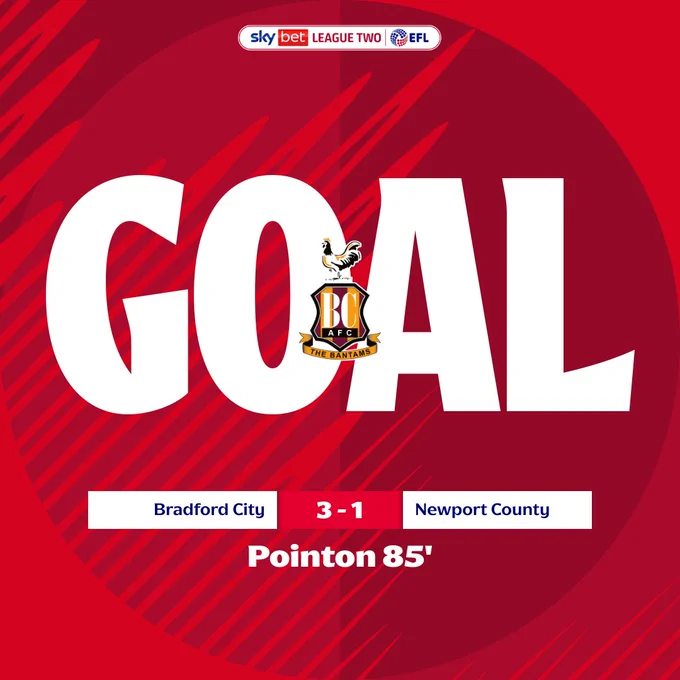 GOAL: Bradford City 3-1 Newport County - Pointon 85'