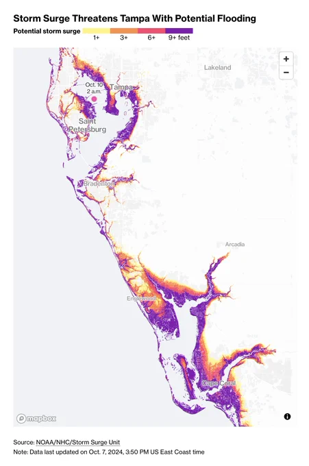 Storm Surge Potential (Inundation) Map with 9  feet coloring widespead many miles inland in Tampa Bay and Charlotte Bay, Cape Coral and Fort Myers.