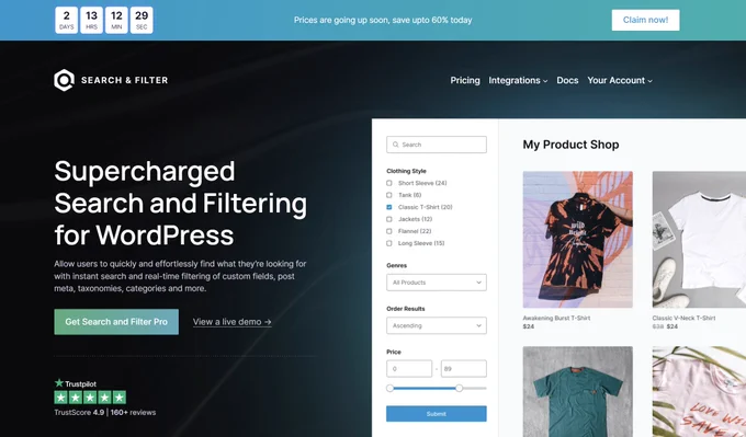 The Search & Filter homepage showing the countdown timer before price increase.