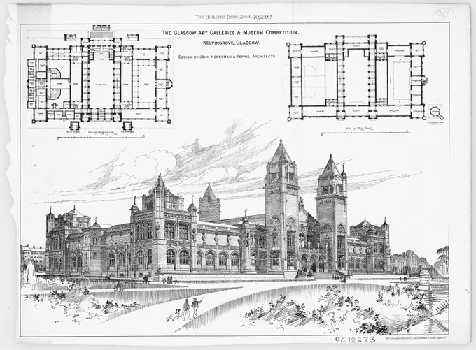 A design suggested in the late 19th century for Kelvingrove Art Gallery and Museum in Glasgow. This is one of the designs not chosen, from the firm of Honeyman and Keppie. 