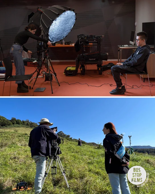 Two images of Tuesday on set. 