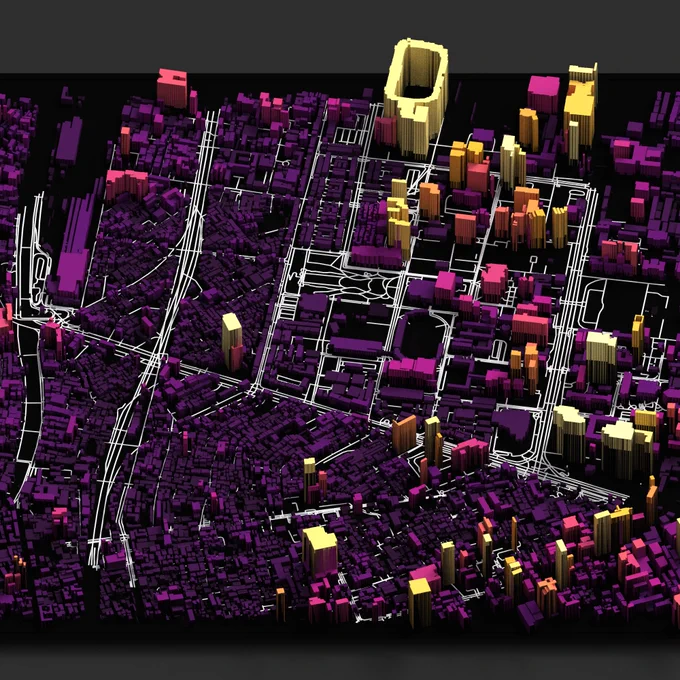 To create the Bangkok building height map, I utilized a combination of tools and data. First, I defined the city's coordinates and applied a 1km buffer around the central point. I then sourced building height data from Google's Open Buildings Dataset via the Earth Engine API using the rgee package. After filtering the data based on confidence levels, I masked unreliable data. I extracted the maximum building height for each building polygon and added road data from OpenStreetMap. Lastly, I visualized the results using rayshader for 3D representation.
