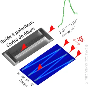 Cavité ruban avec une couche active polaritonique en GaN, terminée par deux réflecteurs de Bragg (image de microscopie électronique à balayage). 
© CNRS (L2C, CRHEA, C2N, IP)