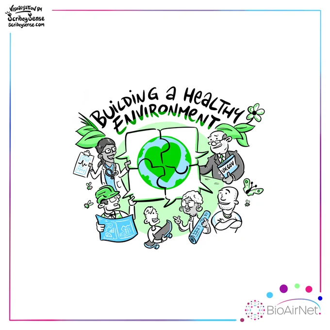 Cartoon with the text “Building a healthy environment” with a doctor, policymaker, builder, scientist, and the public piecing together a puzzle of planet Earth. 
