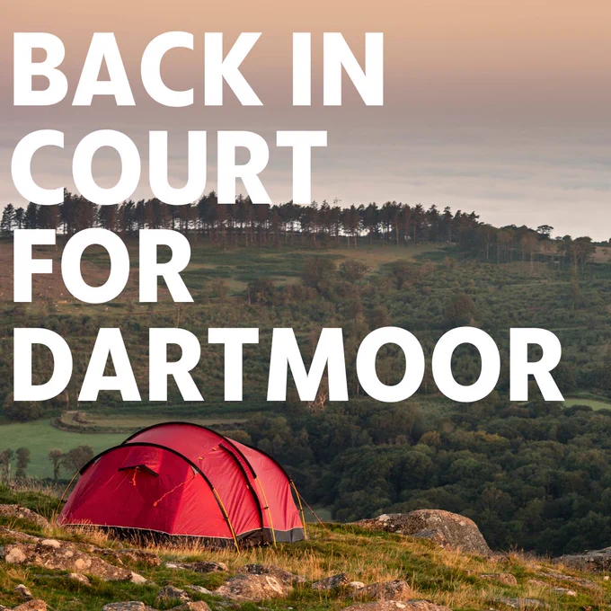 Red tent pitched at dawn, with a view of rolling hills and trees, accompanied by the text 'Back in Court for Dartmoor'.