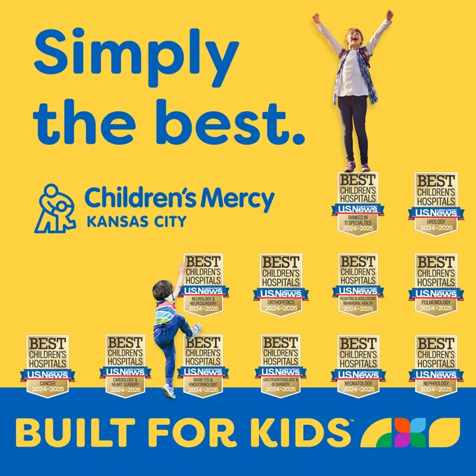 Children's Mercy Kansas City logo featuring a joyful child with arms raised in celebration and another child climbing on the badges, set against a bright yellow background. Shown with multiple badges from U.S. News indicating top hospital rankings with the text 'Simply the best. BUILT FOR KIDS.'