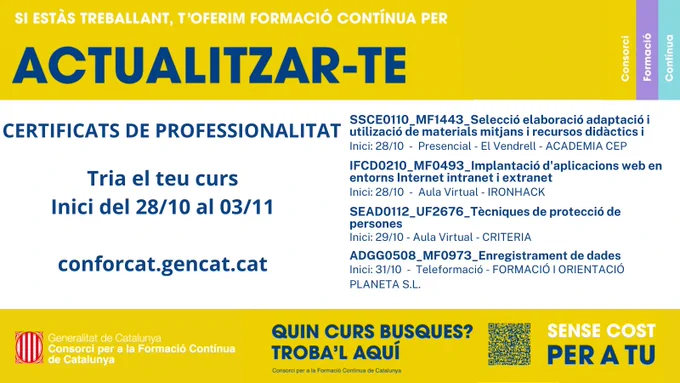 Llistat de cursos amb certificat de professionalitat que comencen la setmana del 28/10 al 03/11