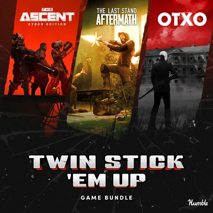 A bundle called Twin Stick 'Em Up with the key art for The Ascent: Cyber Edition: a red background with characters holding weapons looking menacing. Key art for The Last Stand: Aftermath a yellow background with a man up against a wall wearing a hoodie and jeans, his leg is up on a box and he is holding a gun and yelling while firing into a crowd of zombies. The key art for Otxo a man standing with a weapon in the darkness and looking at a ominous building.