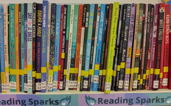 Image shows a book shelf with the spines of books lined up, over the words "Reading Sparks" to highlight dyslexia-friendly books.