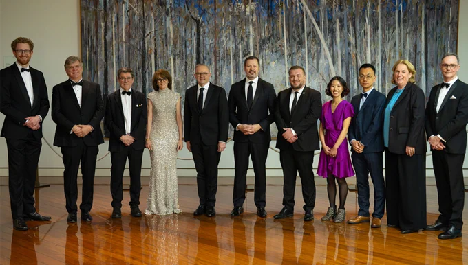 Official portrait of the recipients at Parliament House with the Chief Scientist, Prime Minister and Minister.