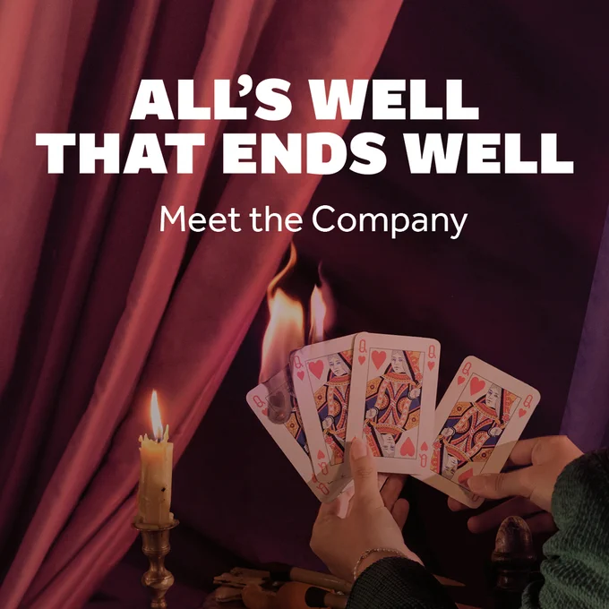 A dramatic, red lavish curtain background, with pleats. A single candle is lit. Next to the candle, hands hold four playing cards, all Queens of Hearts. Two of the playing cards have caught on fire. 