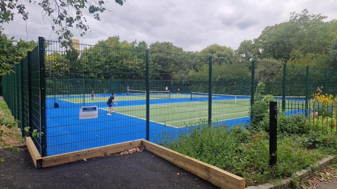 A pic of the resurfaced full-size courts at Priory Park.
