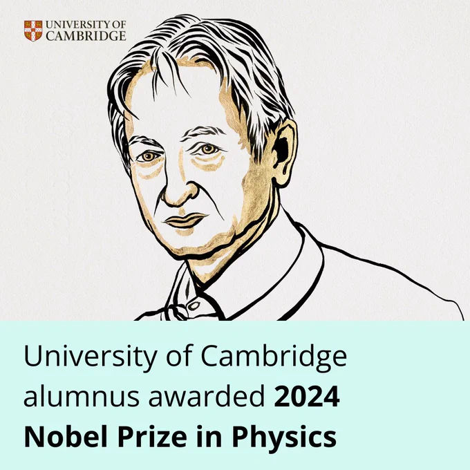 Illustration of Professor Geoffrey Hinton. A text overlay reads: "University of Cambridge alumnus awarded 2024 Nobel Prize in Physics".