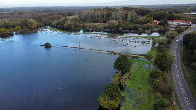 An aerial view of flooded fields at Wayford Bridge by Kevin Appleton