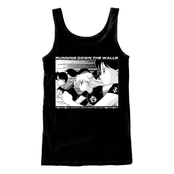 Mock up of the Philly Running Down The Walls 2024 tank top shirt. The shirt features artwork by Sugarbombing, which shows a side view of three Sailor moon-like characters positioned side by side in a running motion. They are all wearing black t-shirts. The character in the middle has light colored hair while the two on the outside have dark colored hair. The closest character has the Anarchist Black Cross symbol printed on the left shoulder sleeve. The symbol is a left fist clenching a piece of broken barbed wire, and the wrist is making a cross with the letters "ABC." The character furthest away is wearing a Palestinian keffiyeh. Text above image reads "Running Down The Walls." Below the image is two pieces of barbed wire with text between them that reads "Anarchist Black Cross Philly 2024."