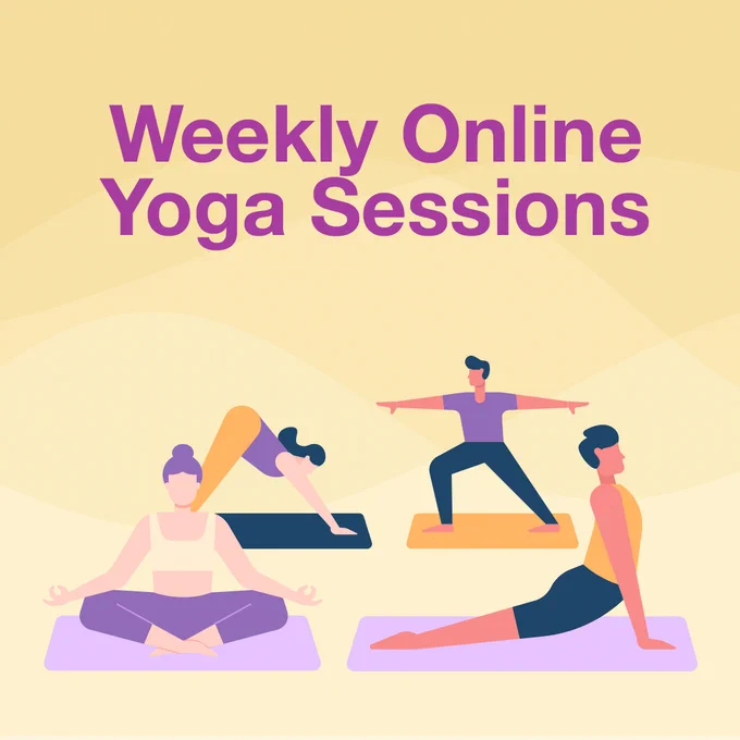 Graphic of yoga stretches with text in purple stating Weekly Online Yoga Sessions