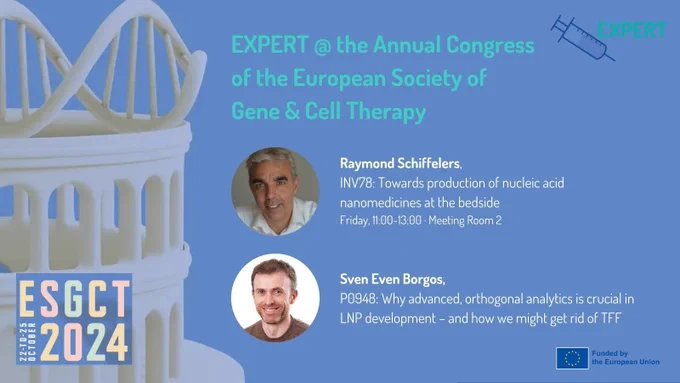 Poster indicating the topics of Expert-project members Raymond Schiffelers' and Sven Even Borgos' presentations at the annual congress of the European society of gene & cell therapy. 