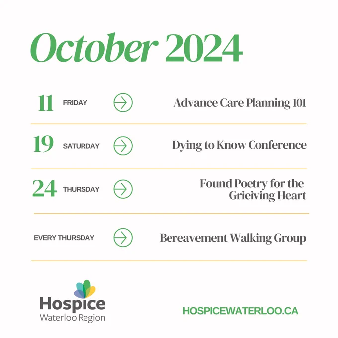Graphic featuring list of events coming up at Hospice Waterloo Region in October 2024.