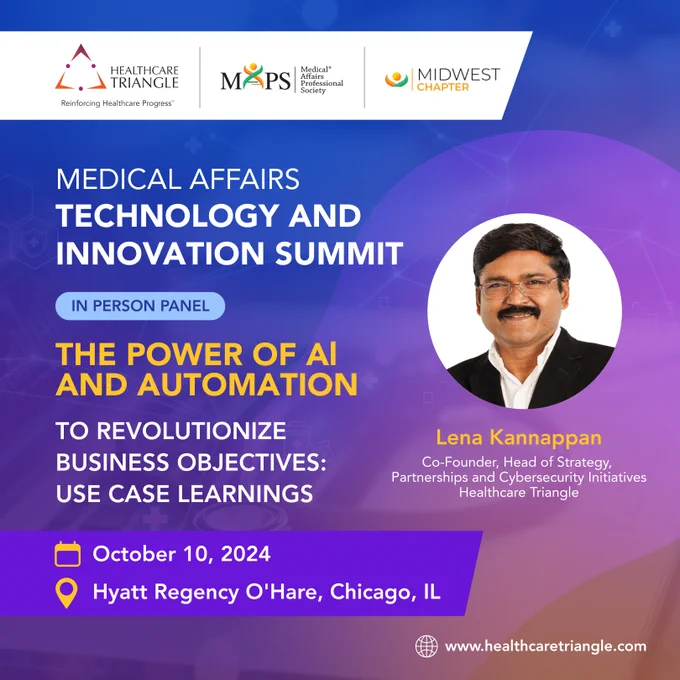 Hear what our Leaders have to say! Lena Kannappan from Healthcare Triangle will be diving deeply into the future of medical affairs at our forthcoming event, leading a key session.

Find out how automation and artificial intelligence are transforming the healthcare sector and opening new opportunities to improve patient care.

Join to see how these technologies are changing how we approach data analysis, medical research, and decision-making.

#Healthcaretriangle #AIinHealthcare #MedicalAffairs #Innovation #HCTI