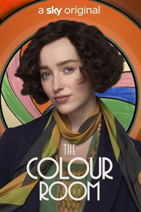 A woman in a 1920s bobbed hairstyle stands before a swirl of colour