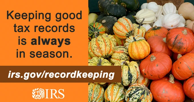 Pile of Squash and Pumpkins. Text reads: “Keeping good tax records is always in season.” IRS logo and URL also displayed: irs.gov/recordkeeping