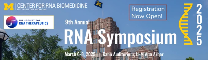 Banner for the 9th Annual RNA Symposium at the University of Michigan with a blue sky background, featuring logos, text about the symposium, and a DNA helix graphic.