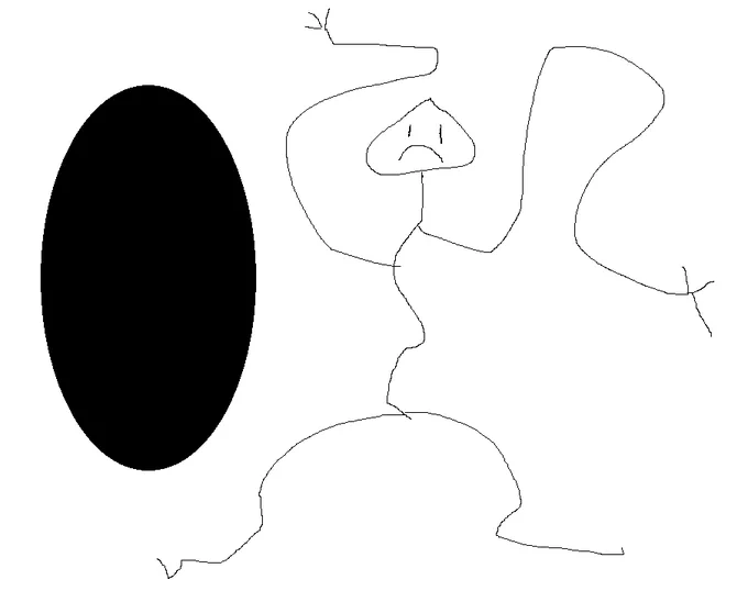 A poorly drawn distorted stick figure and a circular black hole