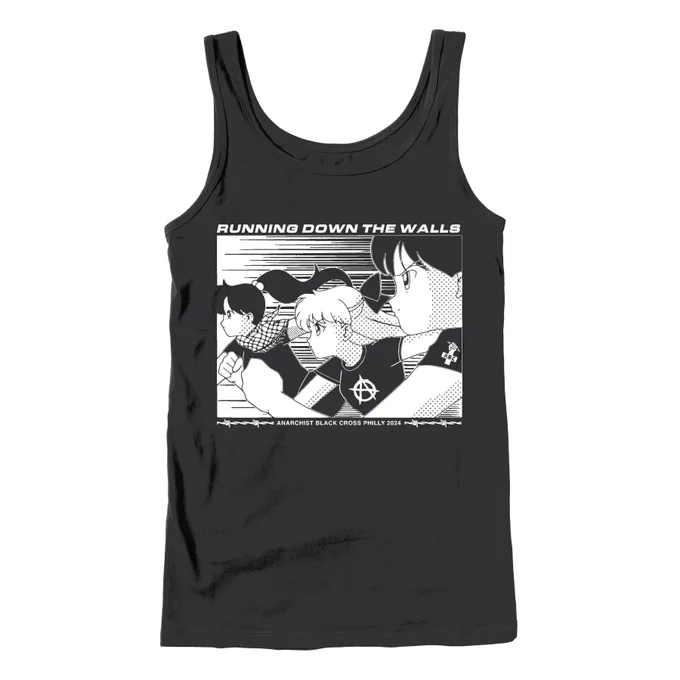Mock up of the Philly Running Down The Walls 2024 tri-blend tank top shirt. The shirt features artwork by Sugarbombing, which shows a side view of three Sailor moon-like characters positioned side by side in a running motion. They are all wearing black t-shirts. The character in the middle has light colored hair while the two on the outside have dark colored hair. The closest character has the Anarchist Black Cross symbol printed on the left shoulder sleeve. The symbol is a left fist clenching a piece of broken barbed wire, and the wrist is making a cross with the letters "ABC." The character furthest away is wearing a Palestinian keffiyeh. Text above image reads "Running Down The Walls." Below the image is two pieces of barbed wire with text between them that reads "Anarchist Black Cross Philly 2024."