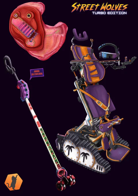 art for street wolves turbo edition
a sight cane that switches tips and hearing aid that has multi adjustments as well as style 
and a standing wheelchair with tank treads 