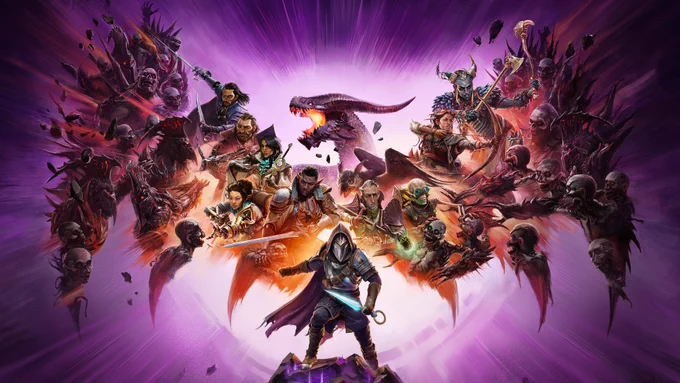 Against a purple background, a dragon spreads its wings. The shapes of the wings are made up of a multitude of characters and creatures. An armored character stands on a rock in the foreground.