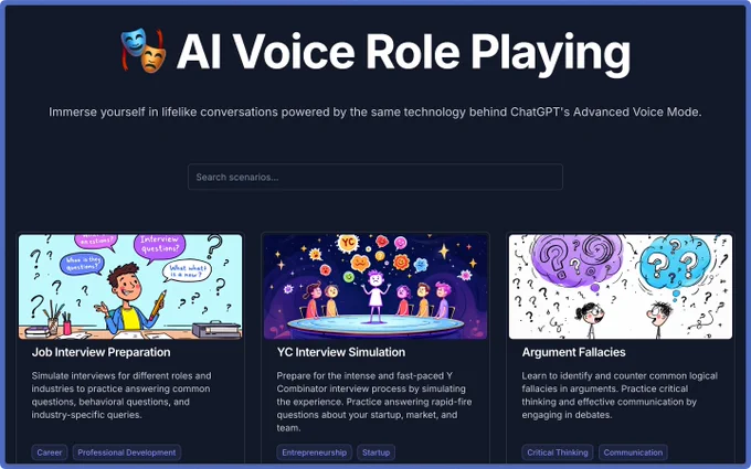 AI voice chats for interviews, debates, and simulations.