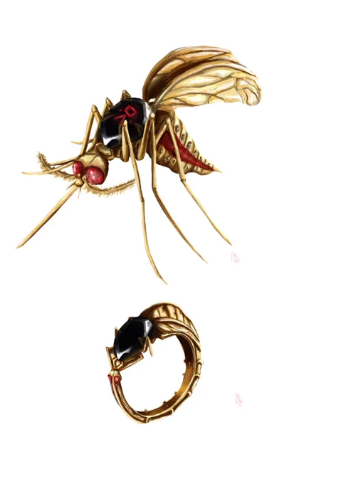blood of ring stability is a golden mosquito of liquid that is a ring with black jewel that is shaped like mozzie but then above turns into the liquid gold mozzie glucose checker with black gem having symbol on it glass blood storage and pink gems eyes