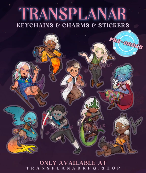 A promotional graphic for a collection of chibi art merch items for Transplanar RPG. The graphic features nine characters drawn in a cute chibi style against a dark purple background with text and the Transplanar logo. The characters are: Voska, Vasanti, Citlalli, Dr. Oluso, Gentle, Dewey, Øka, Jaran, and Abiku. Each character has a watermark overtop that reads: “Art By @_Solelle.” Text on the graphic reads: “TRANSPLANAR. Keychains & Charms & Stickers. Pre-Order. Only Available At TransplanarRPG.Shop.”