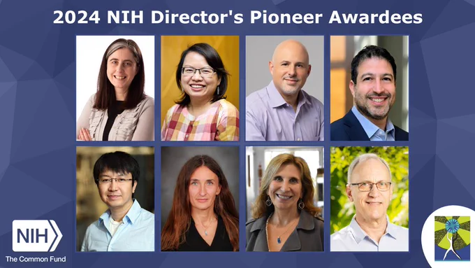 Card with text reads: 2024 NIH Director's Pioneer Awardees. NIH Common Fund logo next to headshot of awardees.