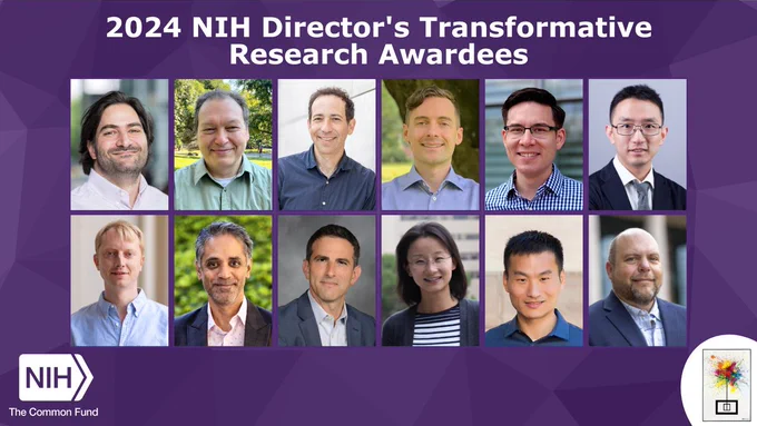 Card with text reads: 2024 NIH Director's Transformative Research Awardees. NIH Common Fund logo next to headshot of awardees. 