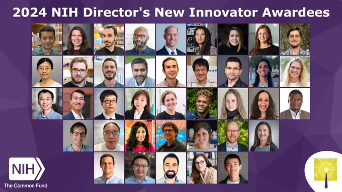Card with text reads: 2024 NIH Director's New Innovator Awardees. NIH Common Fund logo next to headshot of awardees.