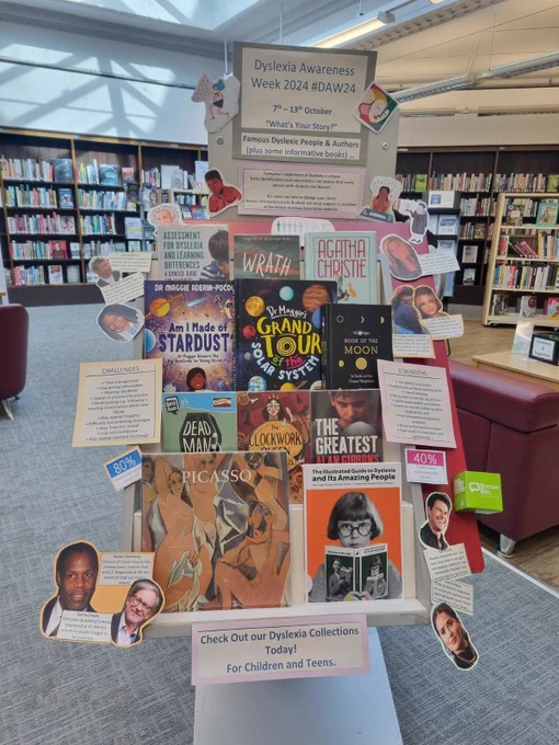 A display of books at Barrow Library. There are pictures of Dyslexic celebrities stuck around the outside of the display.