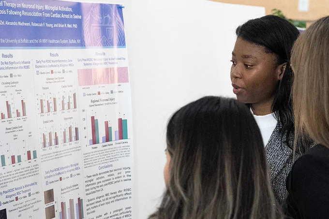 Fifty-four neuroscience research poster presentations were on display in the second floor atrium of the Jacobs School building during the event.
