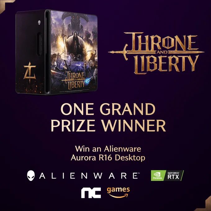Promotional image for a prize giveaway featuring an Alienware Aurora R16 Desktop with Throne and Liberty game artwork. Logos include Alienware, NVIDIA GeForce RTX, NC, and Amazon Games.