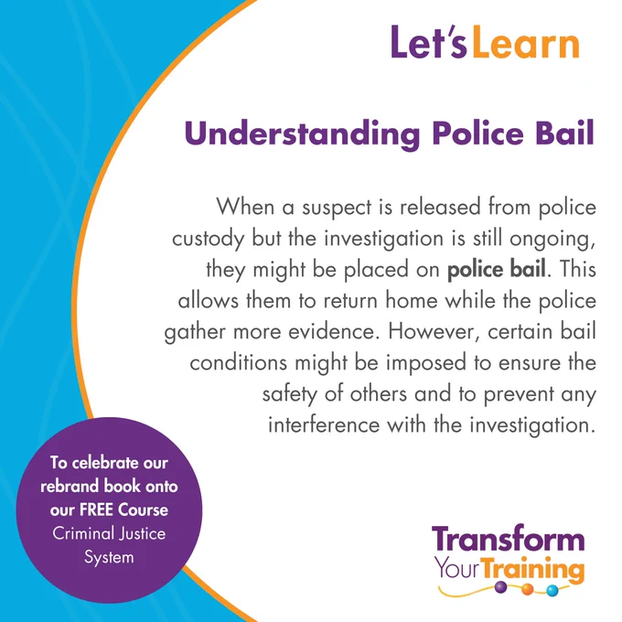 Graphic titled 'Let’s Learn: Understanding Police Bail.' The text explains that when a suspect is released from police custody while the investigation is still ongoing, they may be placed on police bail, allowing them to return home while more evidence is gathered. It mentions that certain bail conditions may be imposed to ensure the safety of others and to prevent interference with the investigation. On the left side, there’s a purple circle with the text: 'To celebrate our rebrand, book onto our FREE course Criminal Justice System.' At the bottom right, there is a logo for 'Transform Your Training' with colourful dots.