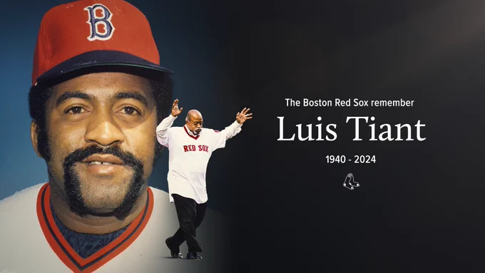 TEXT: The Boston Red Sox Remember Luis Tiant 1940-2024 
IMAGE: A headshot of Luis Tiant during his playing days in a Red Sox uniform is overlaid with a smaller cutout of him waving to the Fenway crowd in dress pants and a jersey.