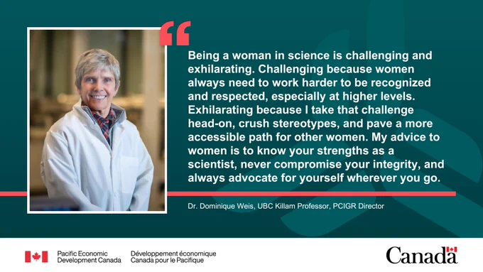 Dr. Dominique Weis smiling and wearing a white lab coat. Quote reads: “Being a woman in science is challenging and exhilarating. Challenging because women always need to work harder to be recognized and respected, especially at higher levels. Exhilarating because I take that challenge head-on, crush stereotypes, and pave a more accessible path for other women. My advice to women is to know your strengths as a scientist, never compromise your integrity, and always advocate for yourself wherever you go.” – Dr. Dominique Weis, UBC Killam Professor, PCIGR Director