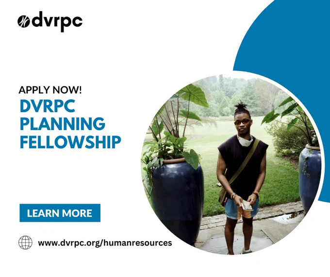 An advertisement for the DVRPC Planning Fellowship featuring an image of the current fellow, Jonathon Alexander