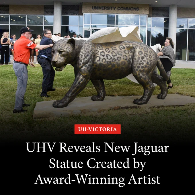 Graphic with a photo of UHV President Bob Glenn, Ben Galvan and Diana Galvan unveiling a bronze statue of a jaguar with text that says, “UHV Reveals New Jaguar Statue Created by Award-Winning Artist.”