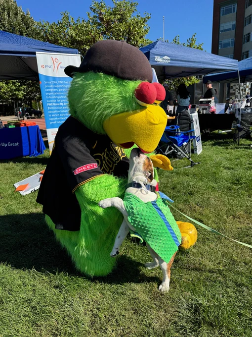 Pittsburgh Pirates' mascot "Pirate Parrot" petting a white and brown dog.